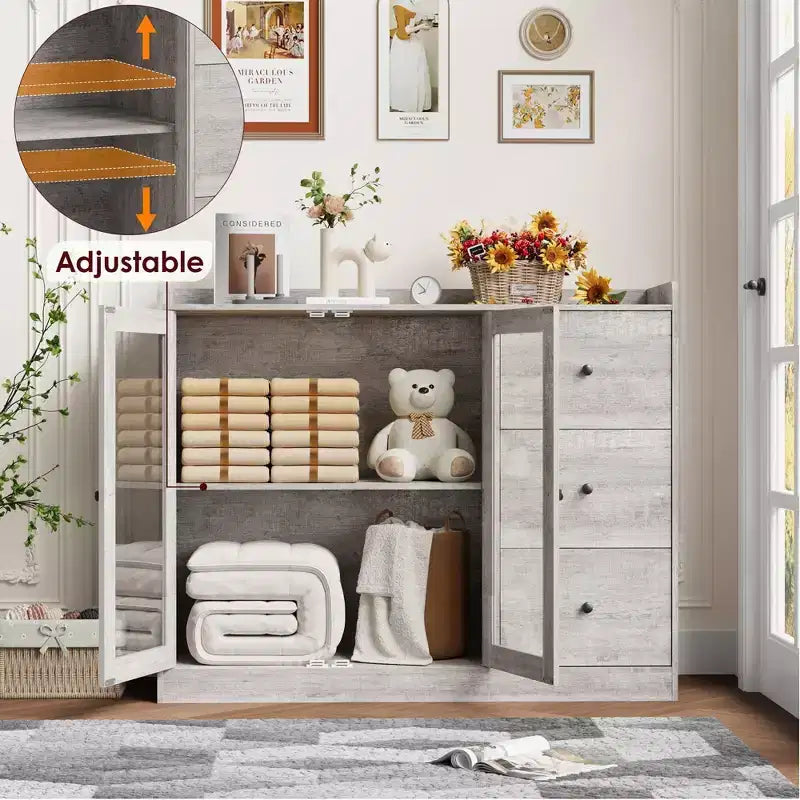 Credenza da Buffet da 43" con 3 Cassetti e Ripiani Regolabili