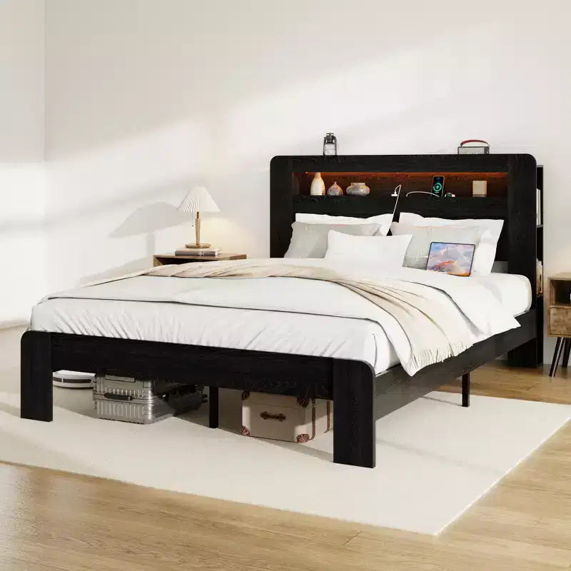 Struttura Letto a Piattaforma in Legno con Testiera a LED, Porte USB e Contenitore Sotto il Letto – King
