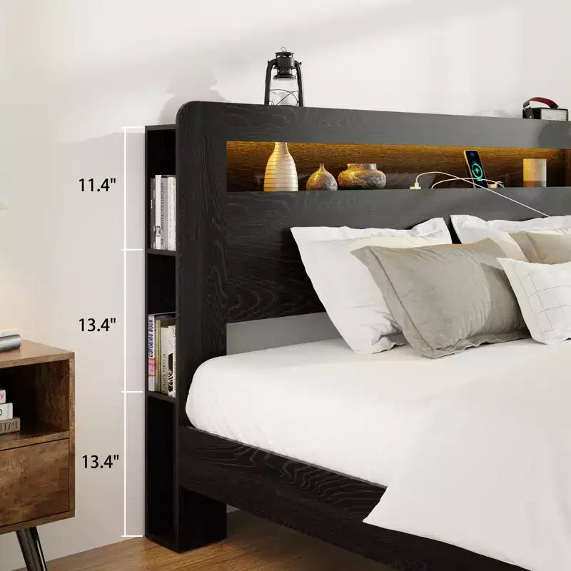 Struttura Letto a Piattaforma in Legno con Testiera a LED, Porte USB e Contenitore Sotto il Letto – King