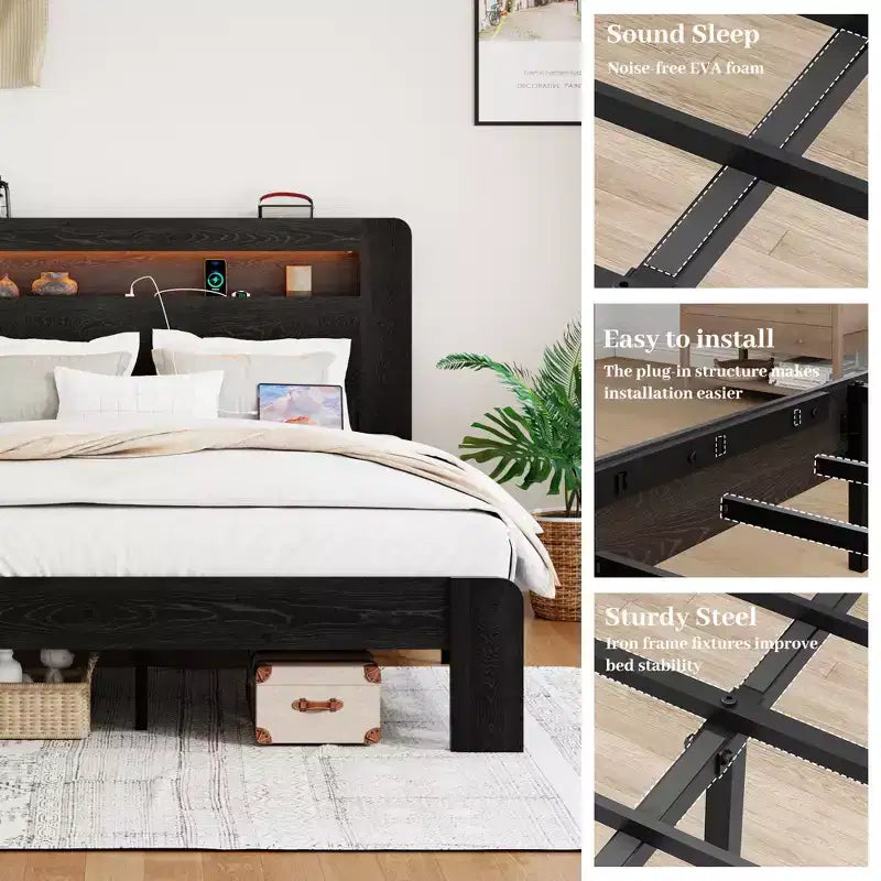 Struttura Letto a Piattaforma in Legno con Testiera a LED, Porte USB e Contenitore Sotto il Letto – King