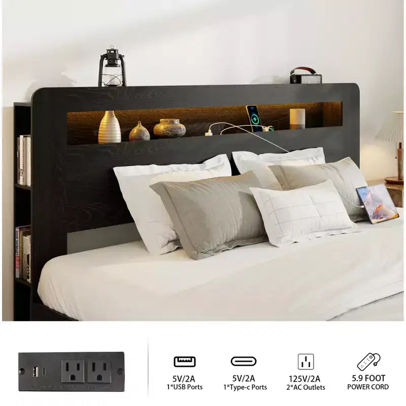 Struttura Letto a Piattaforma in Legno con Testiera a LED, Porte USB e Contenitore Sotto il Letto – King