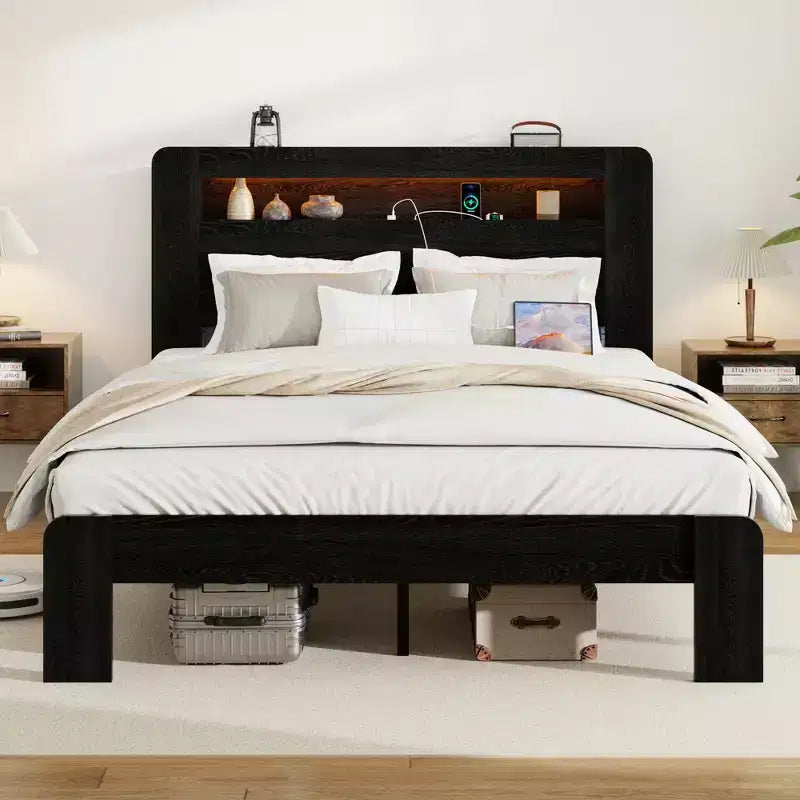 Struttura Letto a Piattaforma in Legno con Testiera a LED, Porte USB e Contenitore Sotto il Letto – King