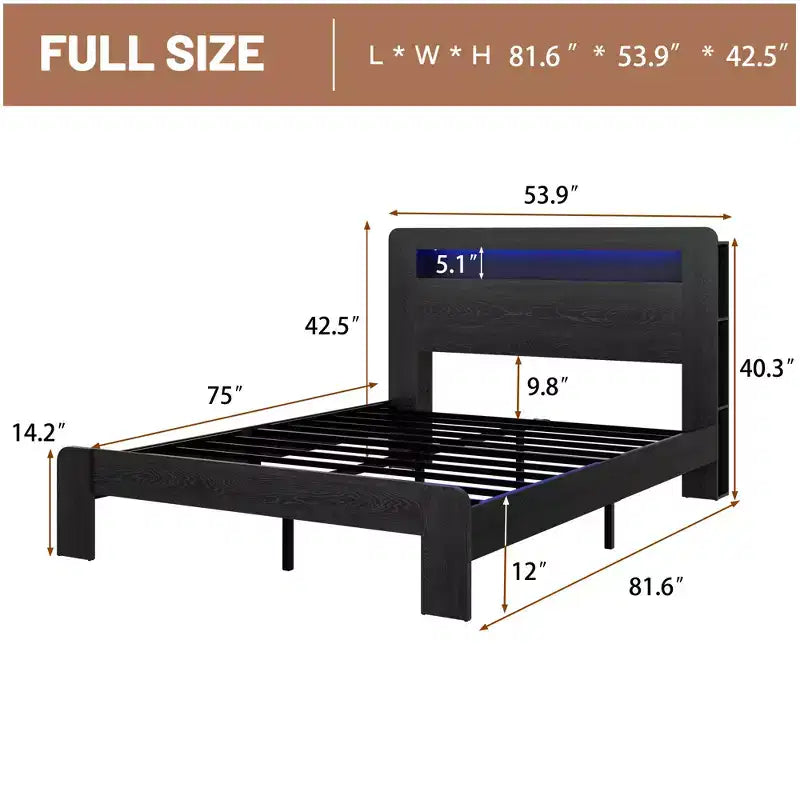 Struttura Letto a Piattaforma in Legno con Testiera a LED, Porte USB e Contenitore Sotto il Letto – King