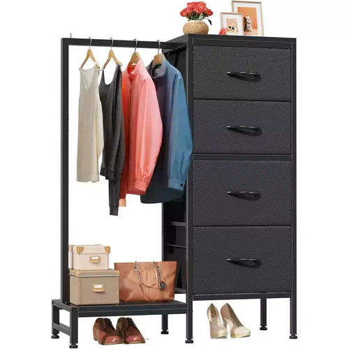 Dresser with Hanging Rack, 4 Drawers Small Closet for Bedroom, Reversible Fabric Kids Chest of Drawers with Clothes Rack, Tall Storage Tower, 44''H
