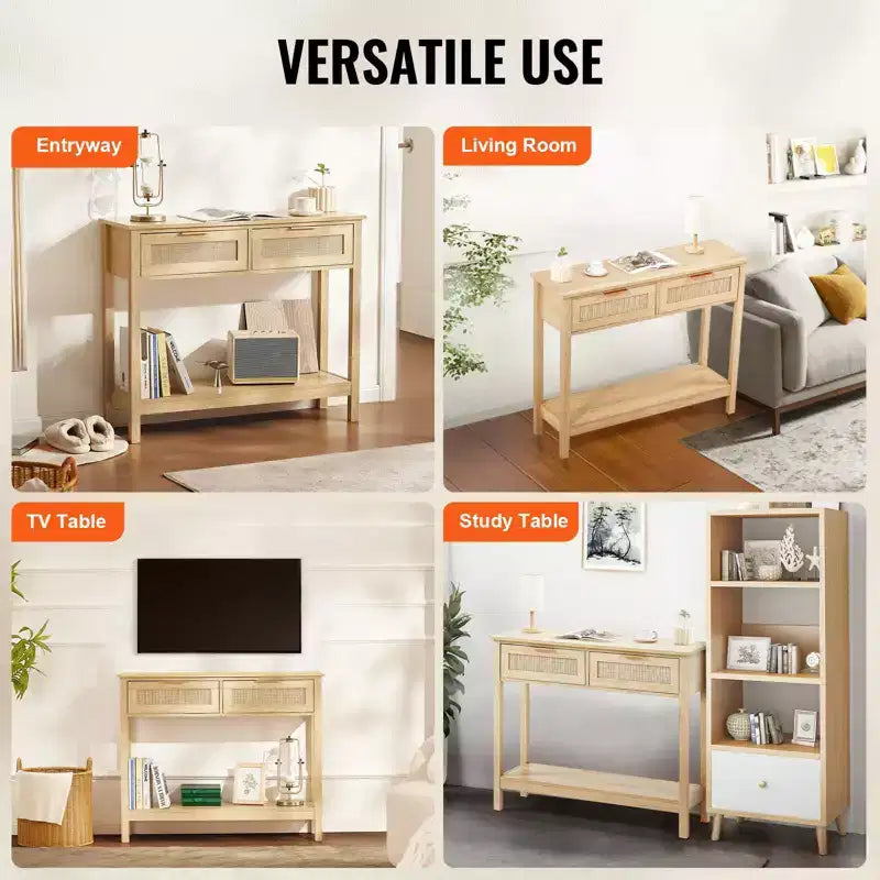 Consolle in rattan con 2 cassetti e ante scorrevoli