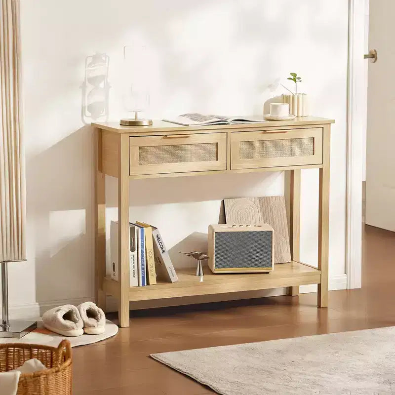 Consolle in rattan con 2 cassetti e ante scorrevoli