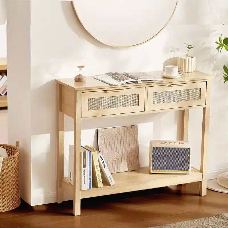 Consolle in rattan con 2 cassetti e ante scorrevoli