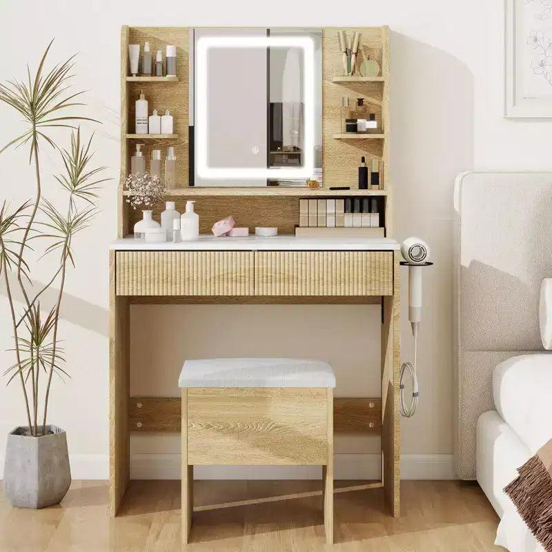 Makeup Vanity Desk With Mirror And Lights, 31.4 Dressing Table With Power Outlet And Storage Stool