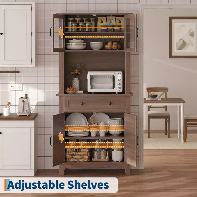 Dispensa da cucina alta 183 cm con ante in vetro, cassetti e ripiani regolabili