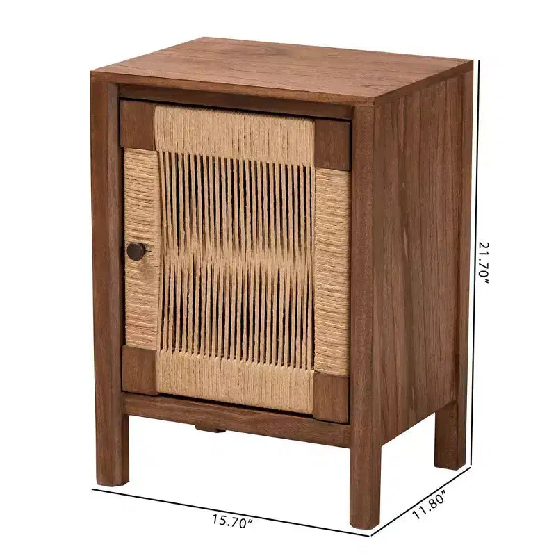Comodino Bohemien in Legno con Anta in Rattan