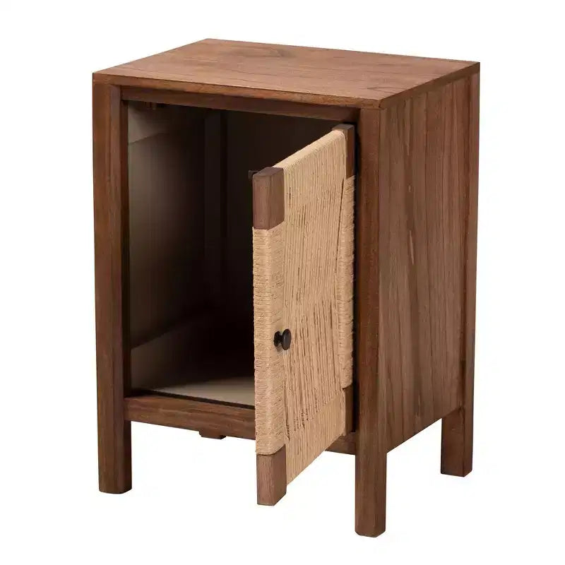 Comodino Bohemien in Legno con Anta in Rattan
