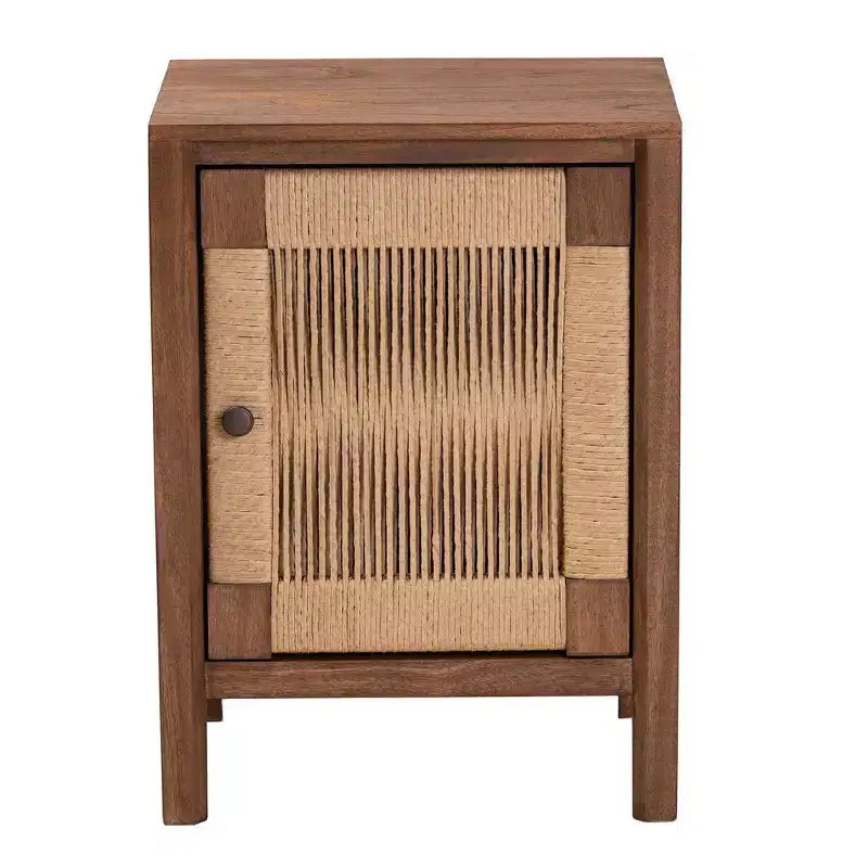 Comodino Bohemien in Legno con Anta in Rattan