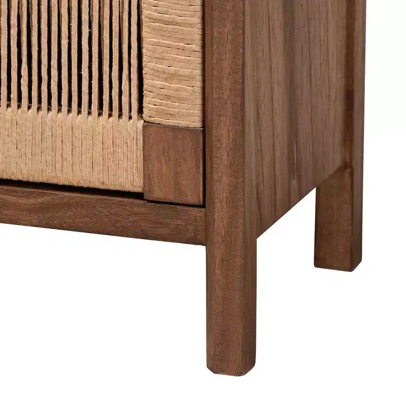 Comodino Bohemien in Legno con Anta in Rattan