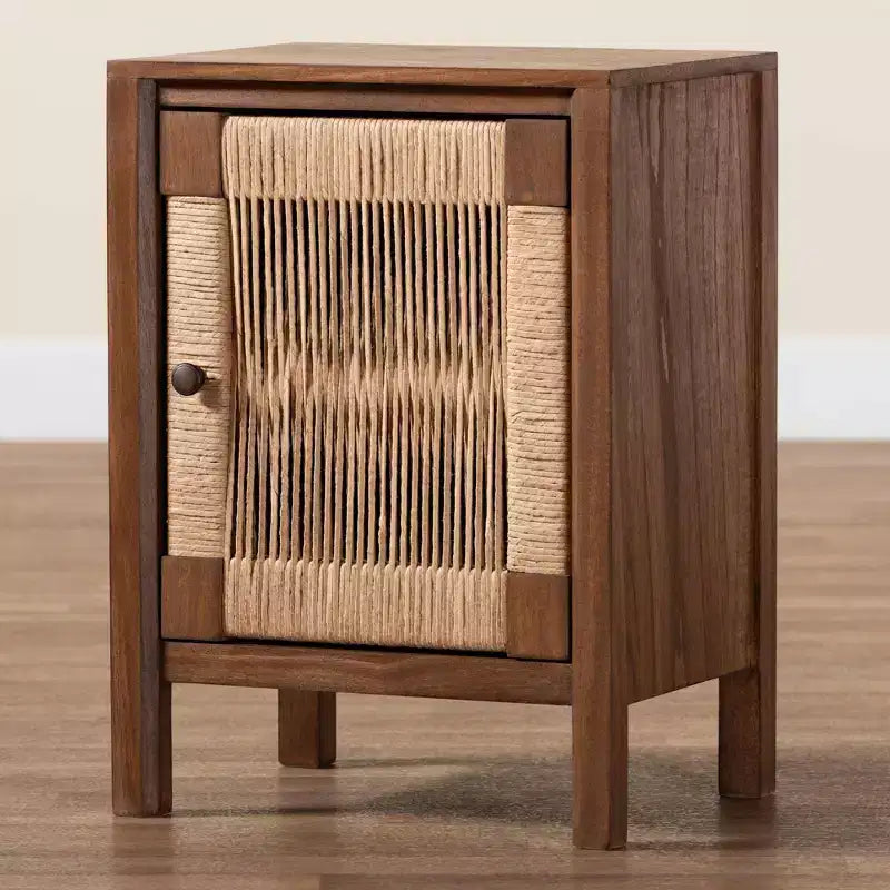 Comodino Bohemien in Legno con Anta in Rattan
