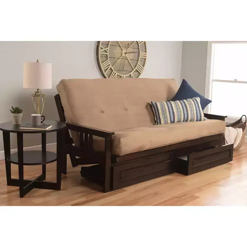 Struttura futon matrimoniale con materasso a molle e cassetti contenitore