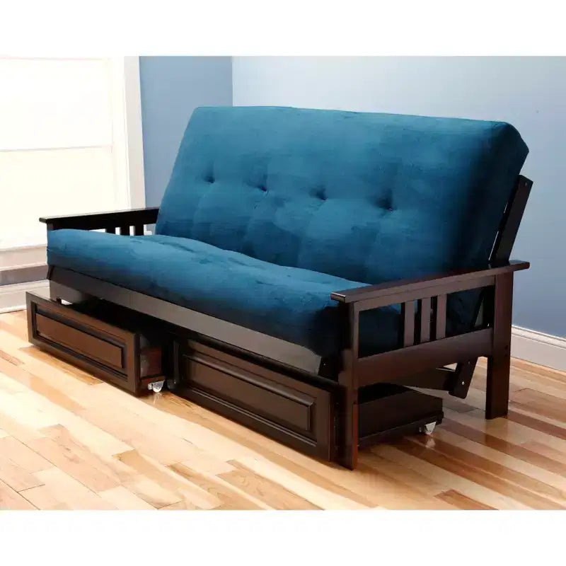 Struttura futon matrimoniale con materasso a molle e cassetti contenitore