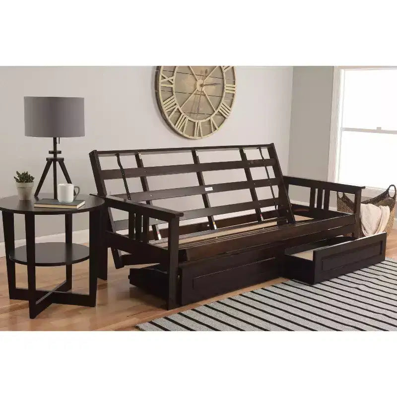 Struttura futon matrimoniale con materasso a molle e cassetti contenitore