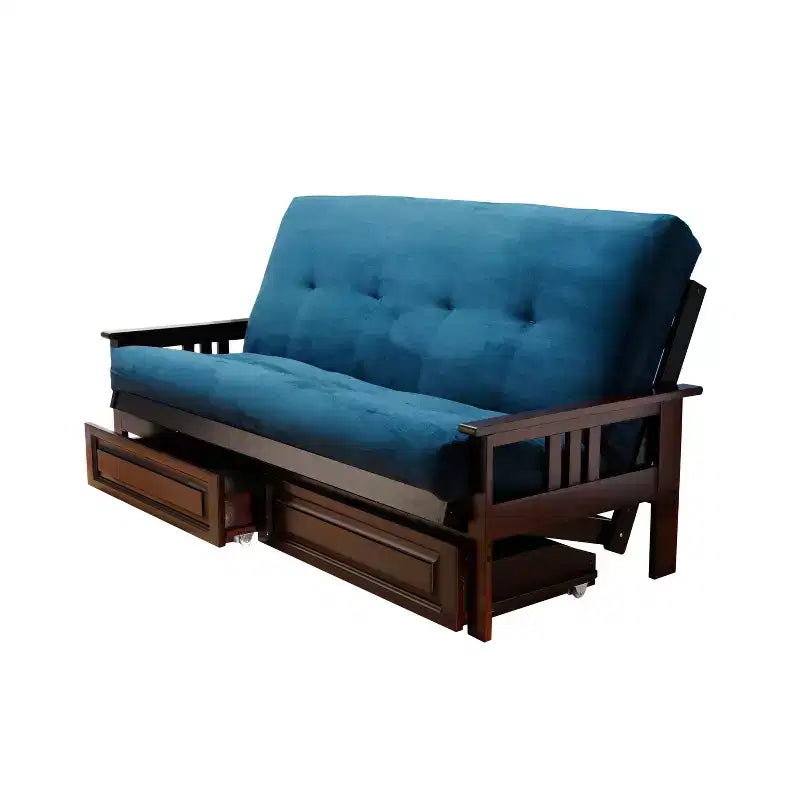 Struttura futon matrimoniale con materasso a molle e cassetti contenitore
