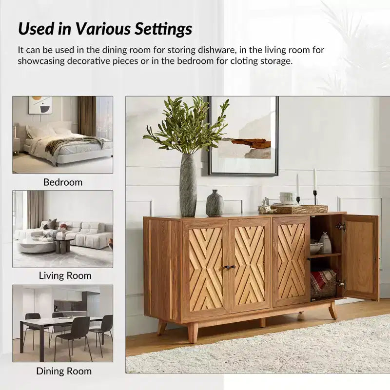 Madia a Chevron Mid-Century da 145 cm con Ripiani Regolabili
