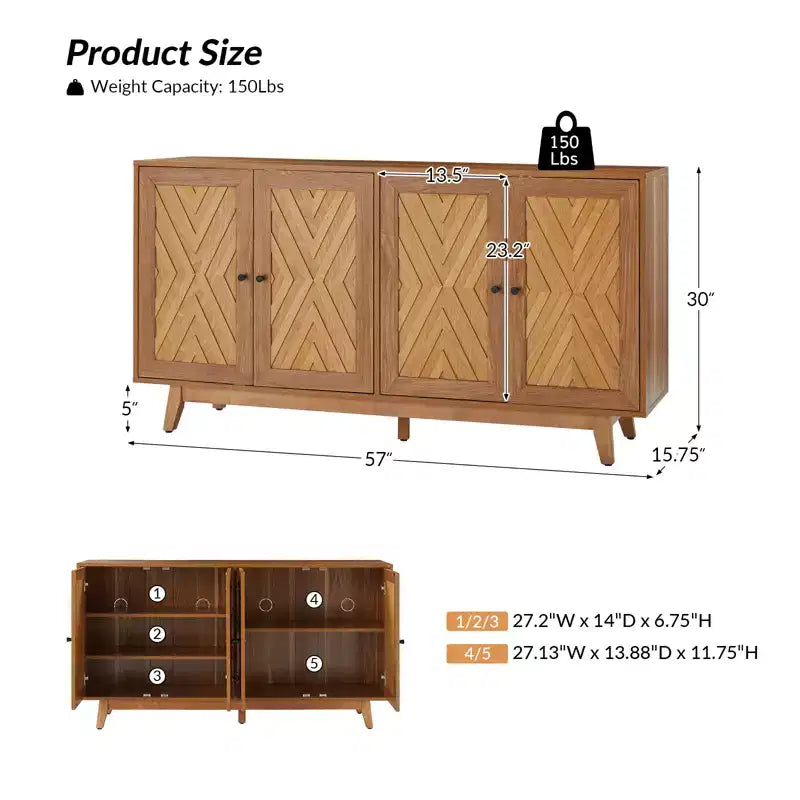 Madia a Chevron Mid-Century da 145 cm con Ripiani Regolabili