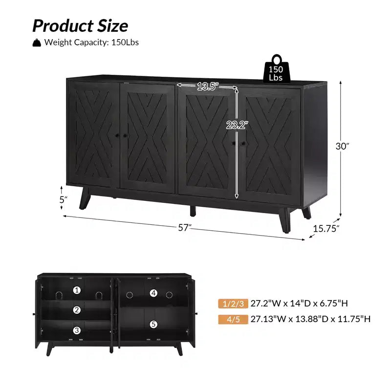 Madia a Chevron Mid-Century da 145 cm con Ripiani Regolabili
